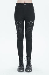 Pantalon punk pour femmes en sergé noir légèrement élastique avec décoration de corde en PU